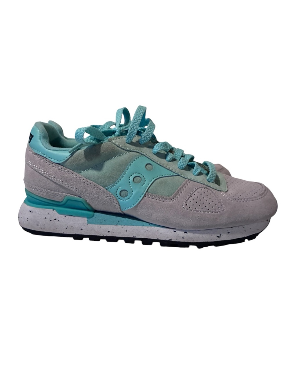 Saucony Shadow Original Light Gray Suede Turquoise Speckled Soles Size 8.5